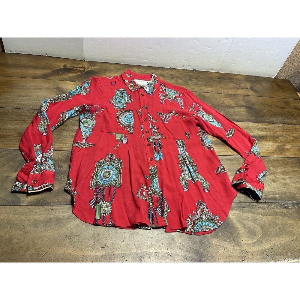 Maeve Anthropologie Whimsy Button Down Blouse Clock Pattern Career Boho Size 4